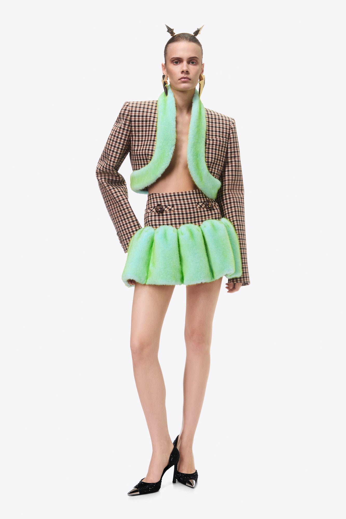 Faux Fur Trim Cropped Blazer | Caramel Multi