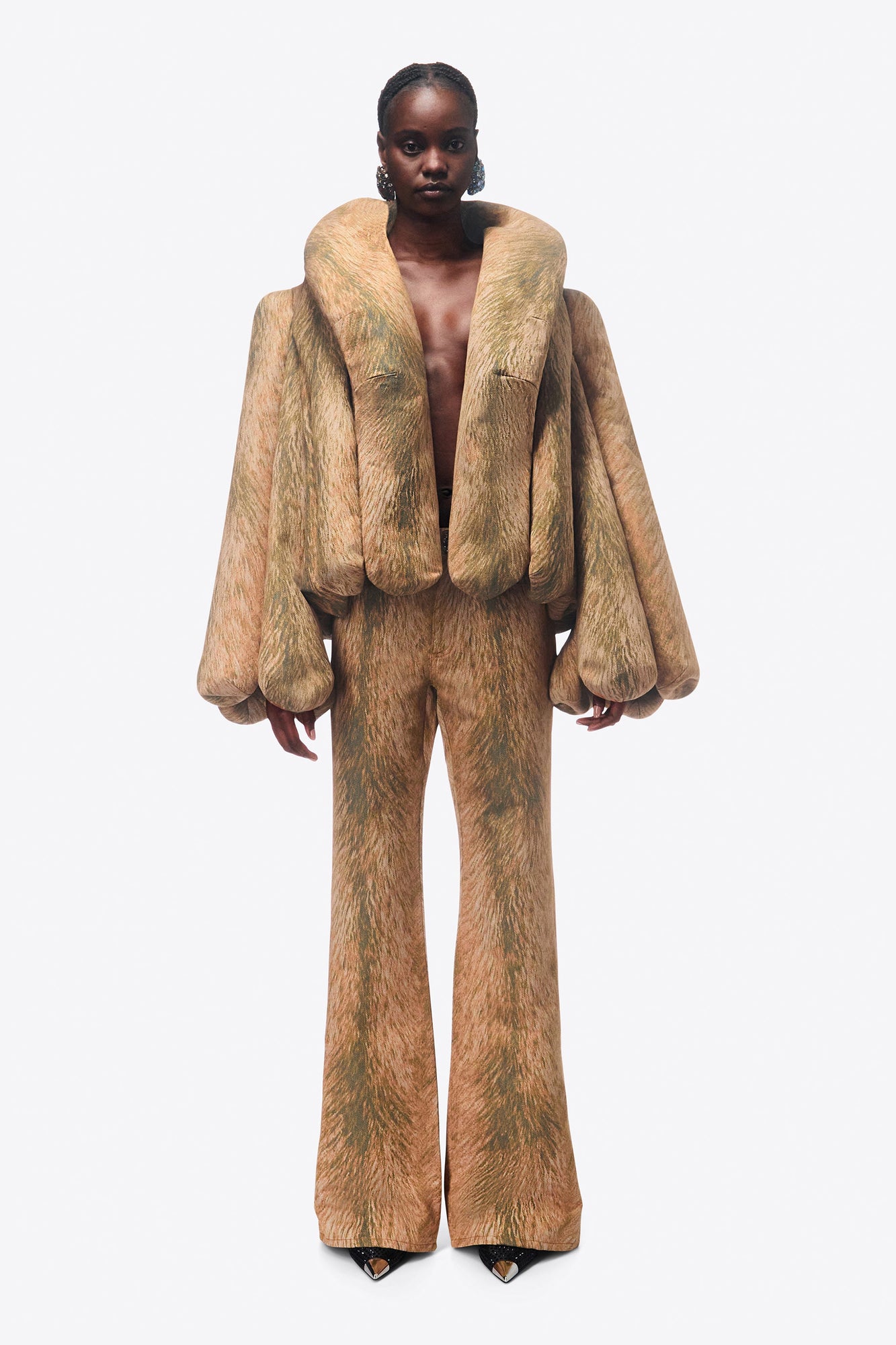 Crystal Button Fur Printed Jeans | Beige Multi