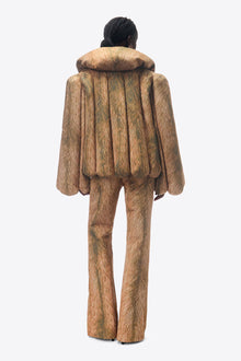 Crystal Button Fur Printed Jeans | Beige Multi