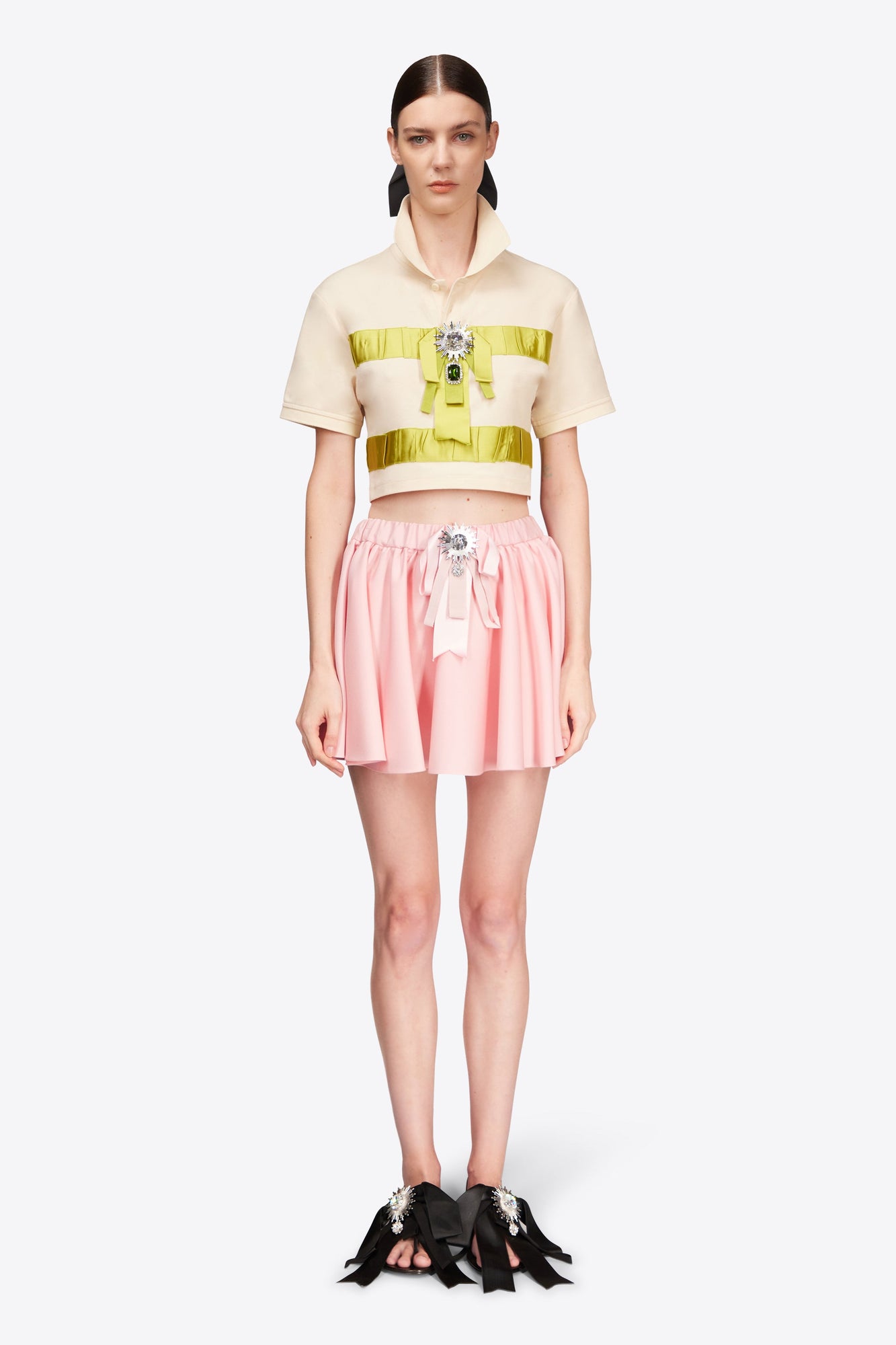 Crystal Embellished Bow Cropped Polo | Cream/Green