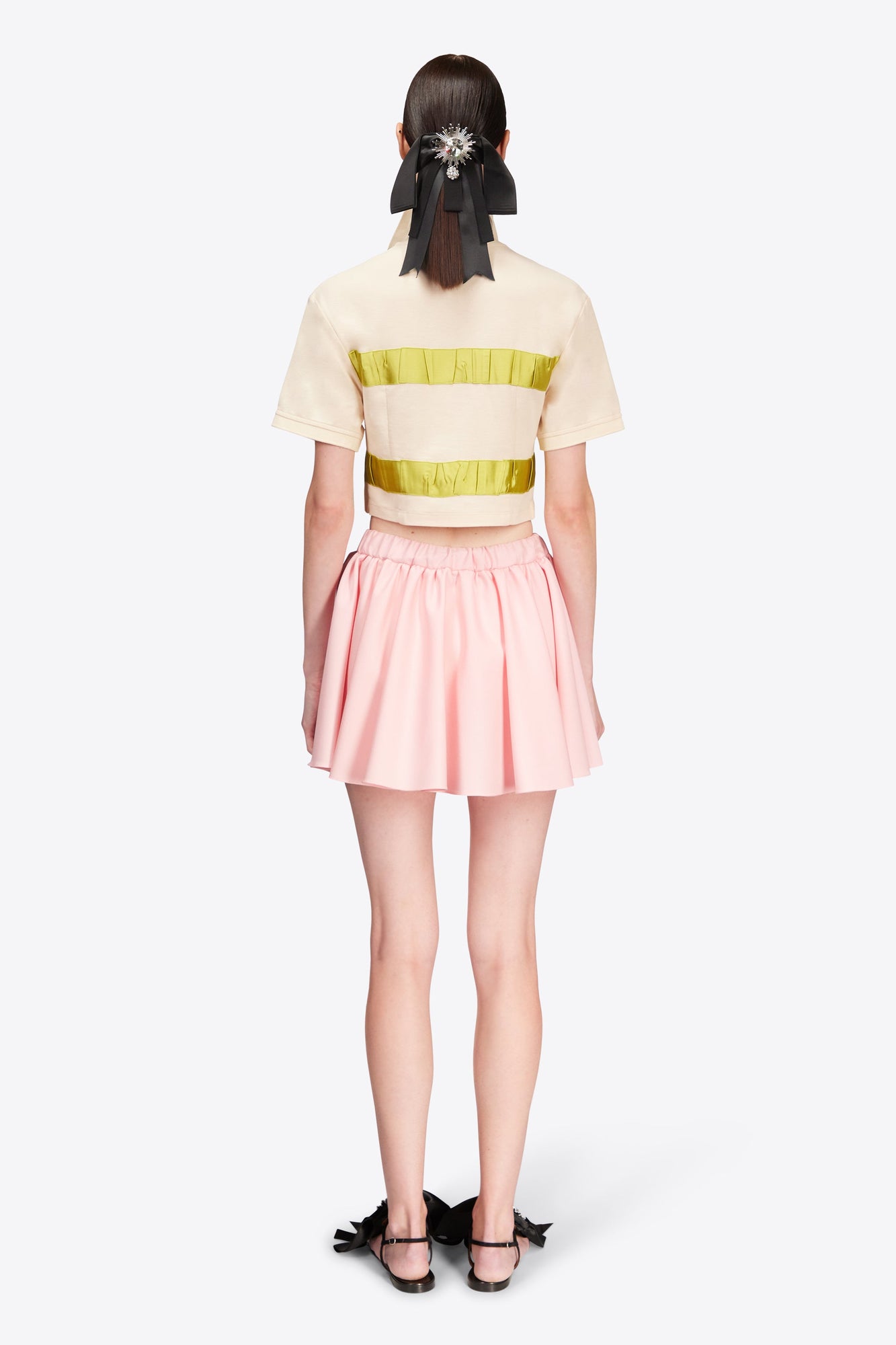 Crystal Embellished Bow Cropped Polo | Cream/Green