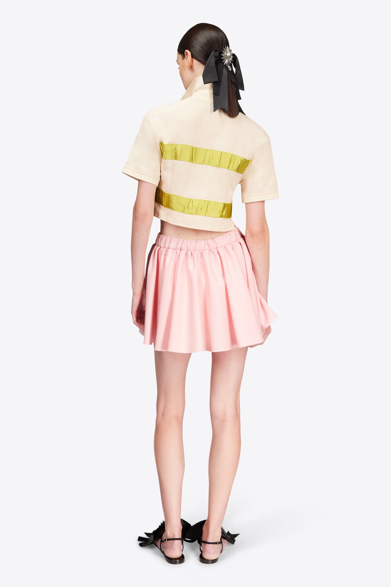 Crystal Embellished Bow Cropped Polo | Cream/Green