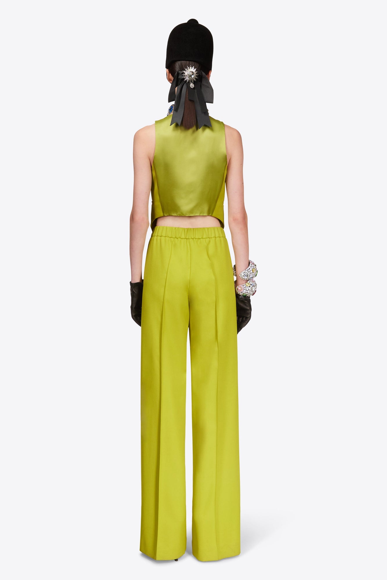 Crystal Embellished Bow Wide Leg Trouser | Chartreuse