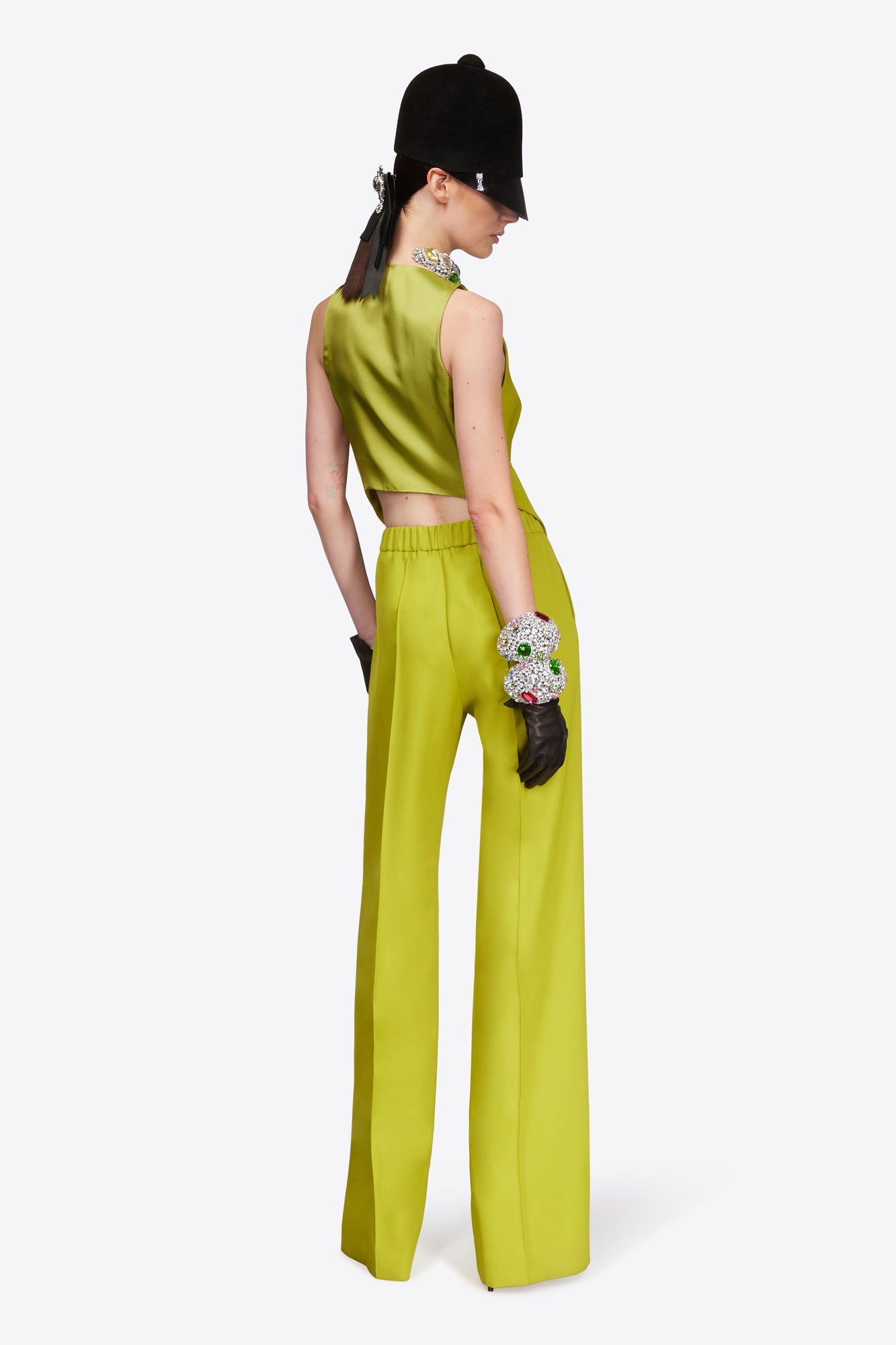 Crystal Embellished Bow Wide Leg Trouser | Chartreuse