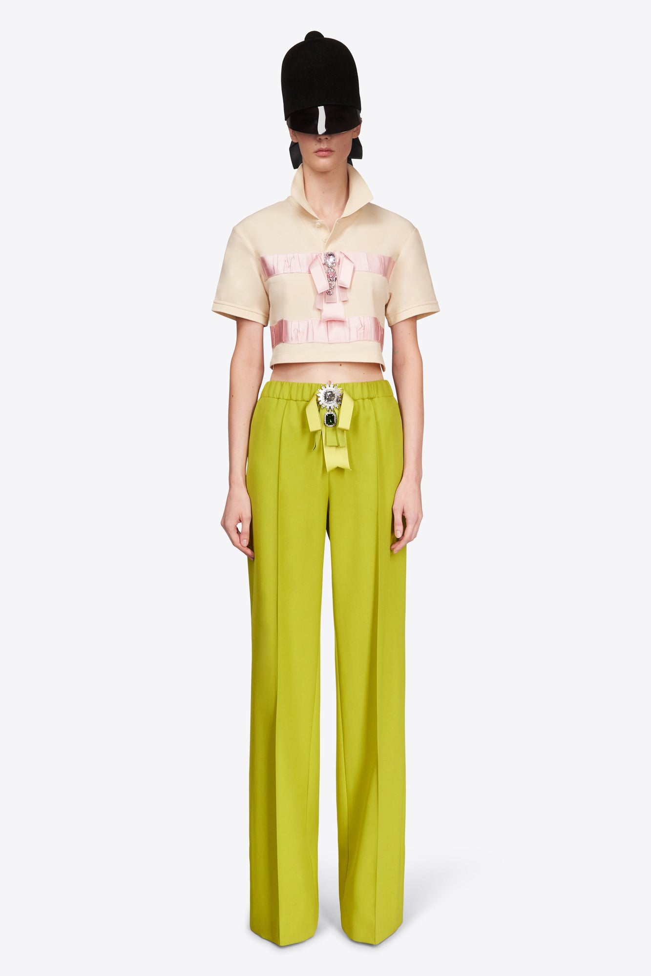 Crystal Embellished Bow Cropped Polo | Cream/Pink