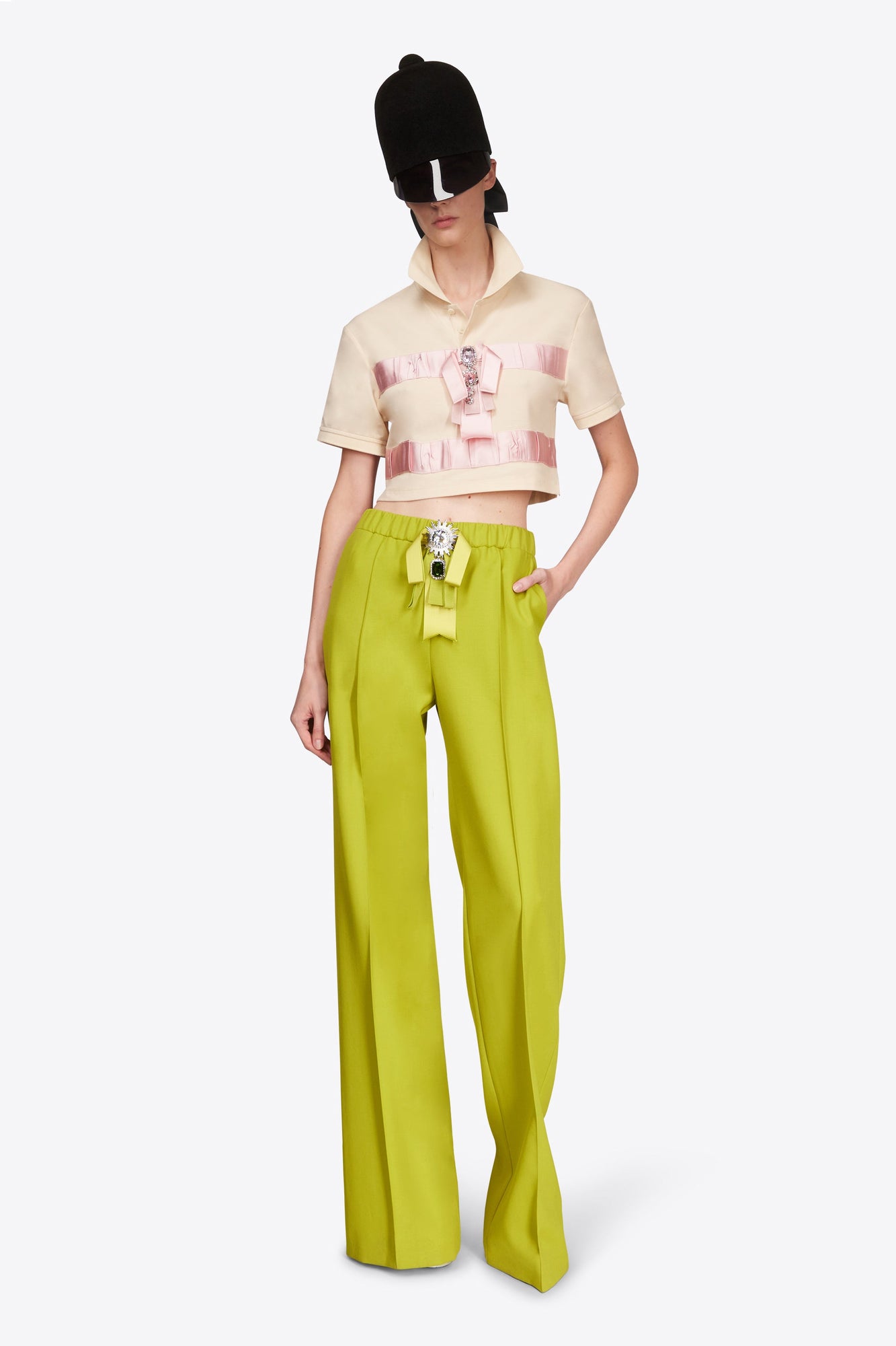 Crystal Embellished Bow Cropped Polo | Cream/Pink