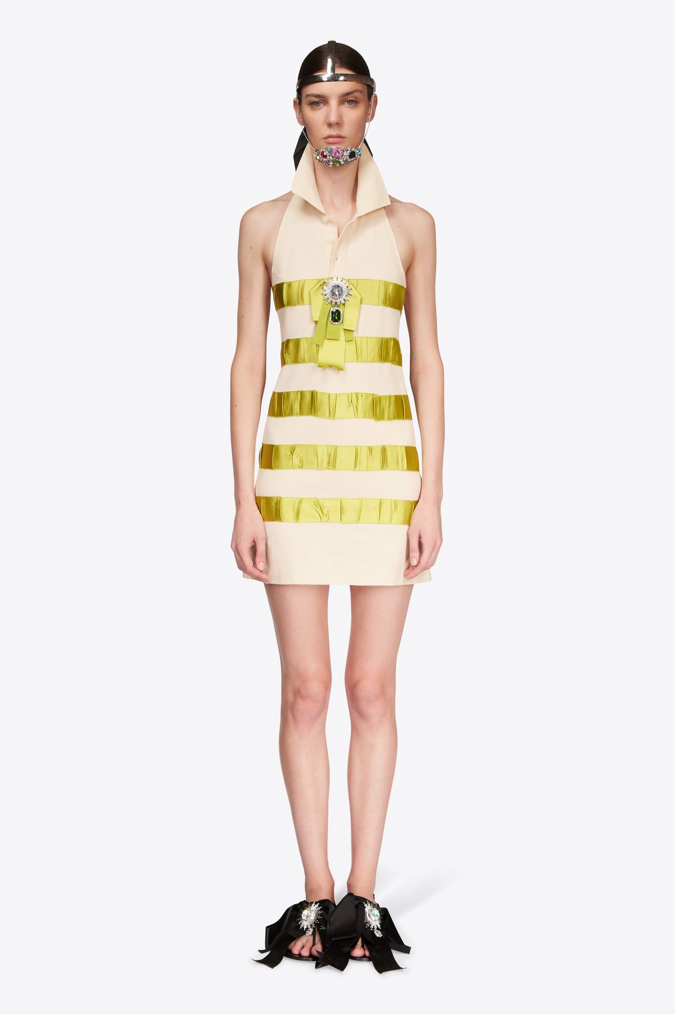 Crystal Embellished Polo Dress | Cream/Green