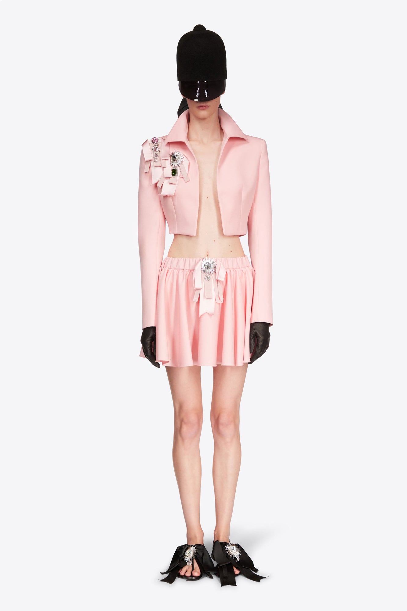 Crystal Embellished Bow Cropped Jacket | Pastel Pink