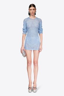 Sequin Crochet Long Sleeve Mini Dress | Light Blue