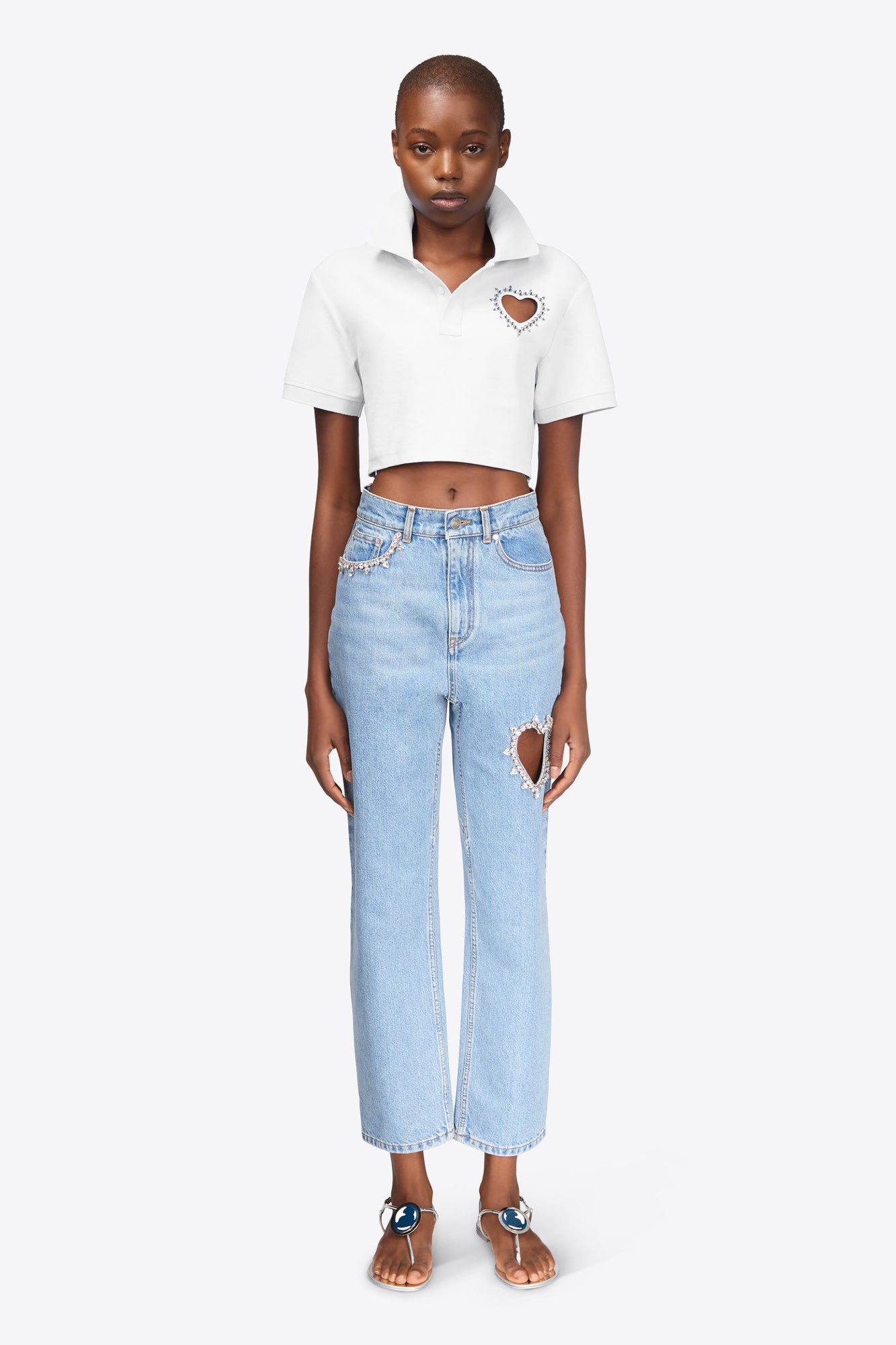 Crystal Heart Cutout Cropped Polo | White