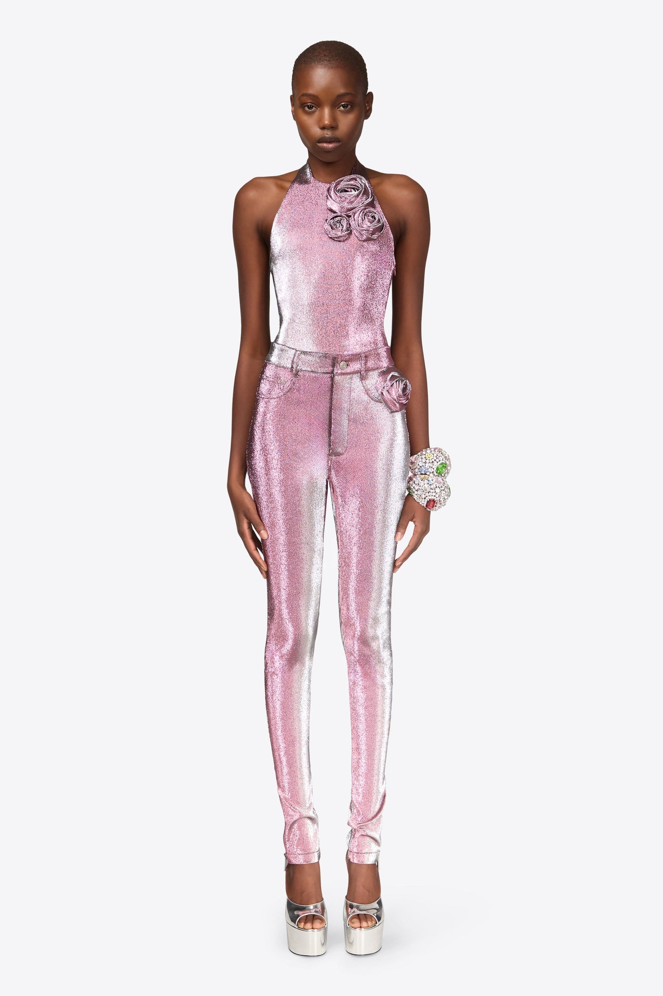 Stretch Lame Rosette Legging | Pink/Silver