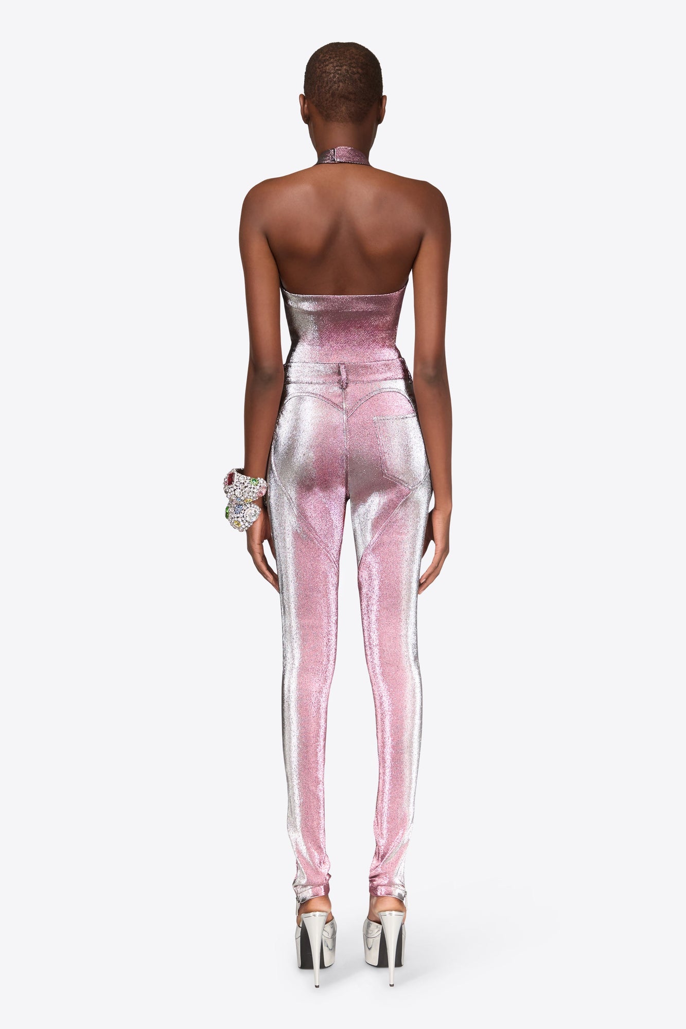 Stretch Lame Rosette Legging | Pink/Silver