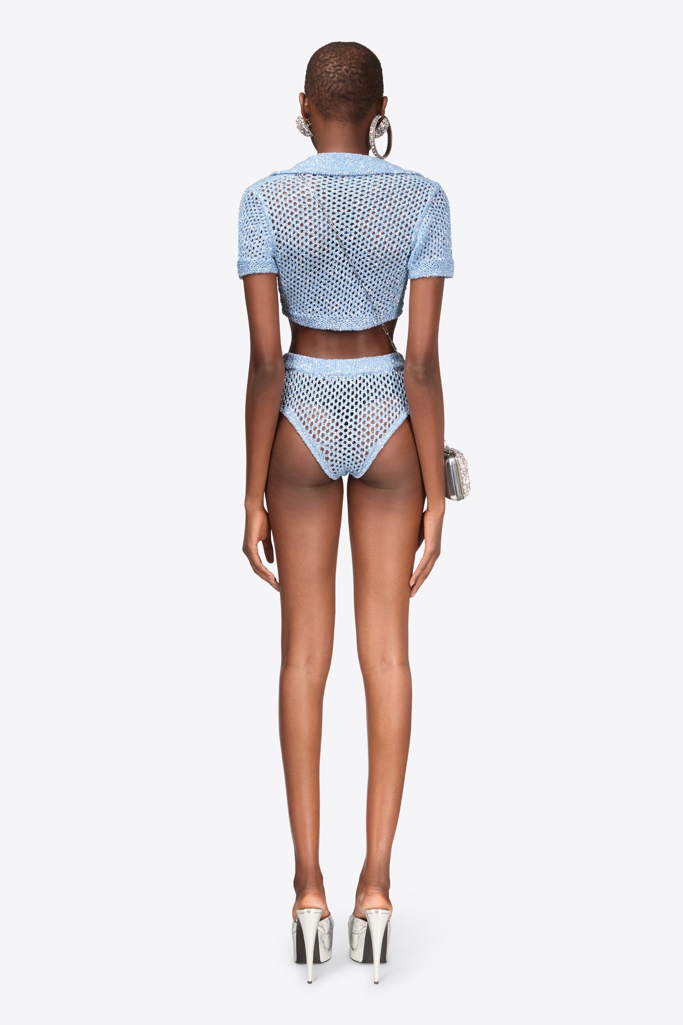 Sequin Crochet Short Sleeved Cardigan | Light Blue