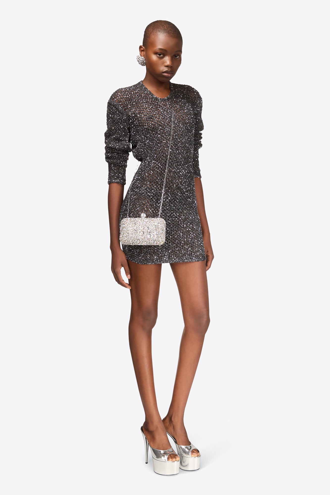 Sequin Crochet Long Sleeve Mini Dress | Black