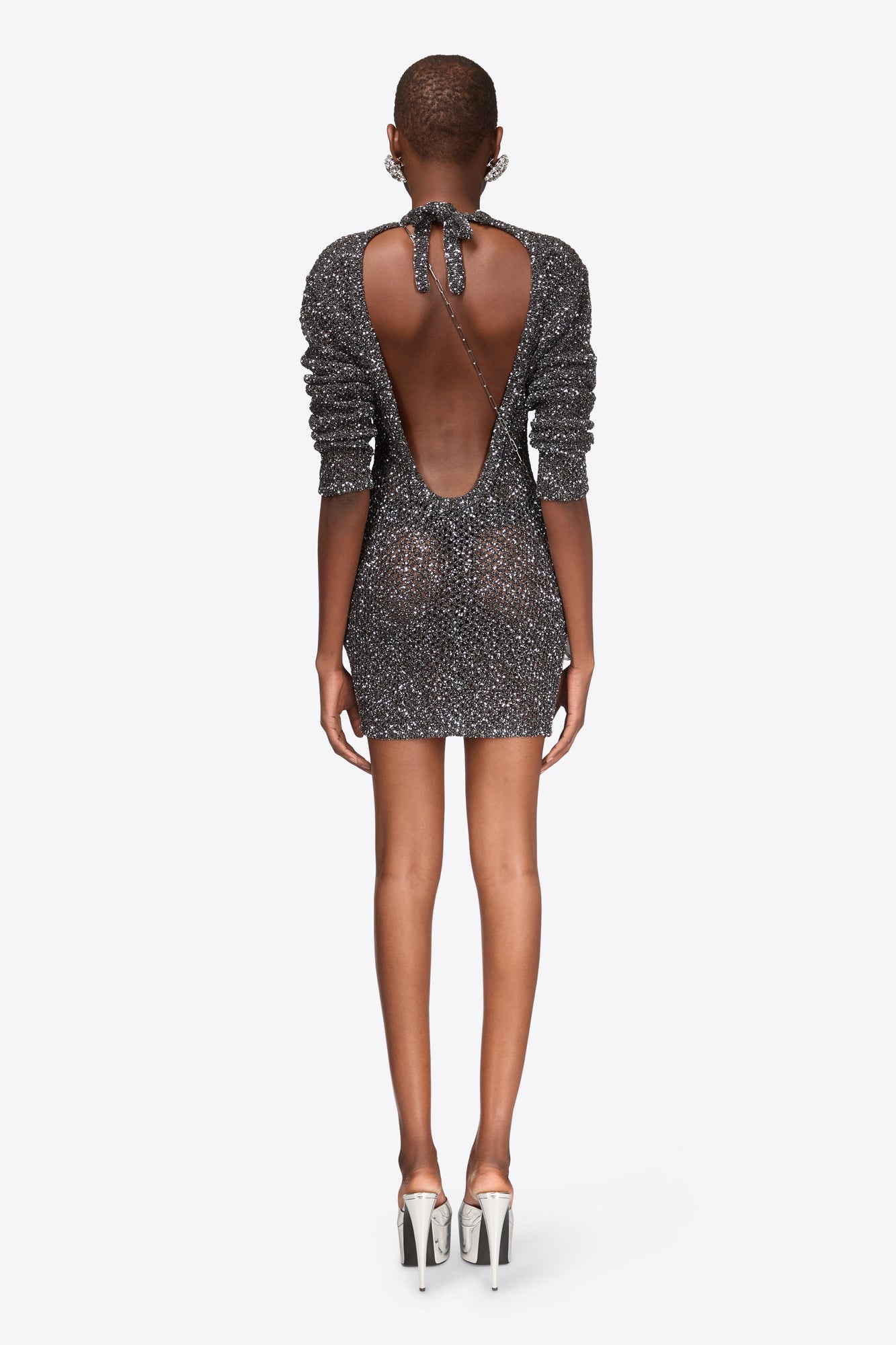 Sequin Crochet Long Sleeve Mini Dress | Black