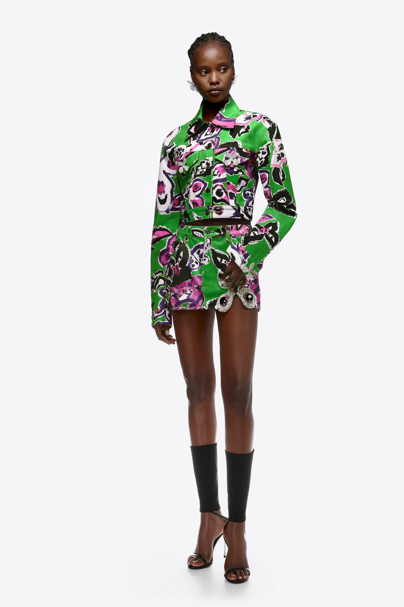 Butterfly Printed Denim Jacket | Green Multi