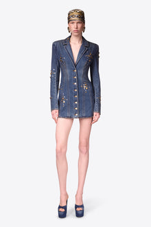 Crystal Button Studded Blazer Dress | Dark Blue