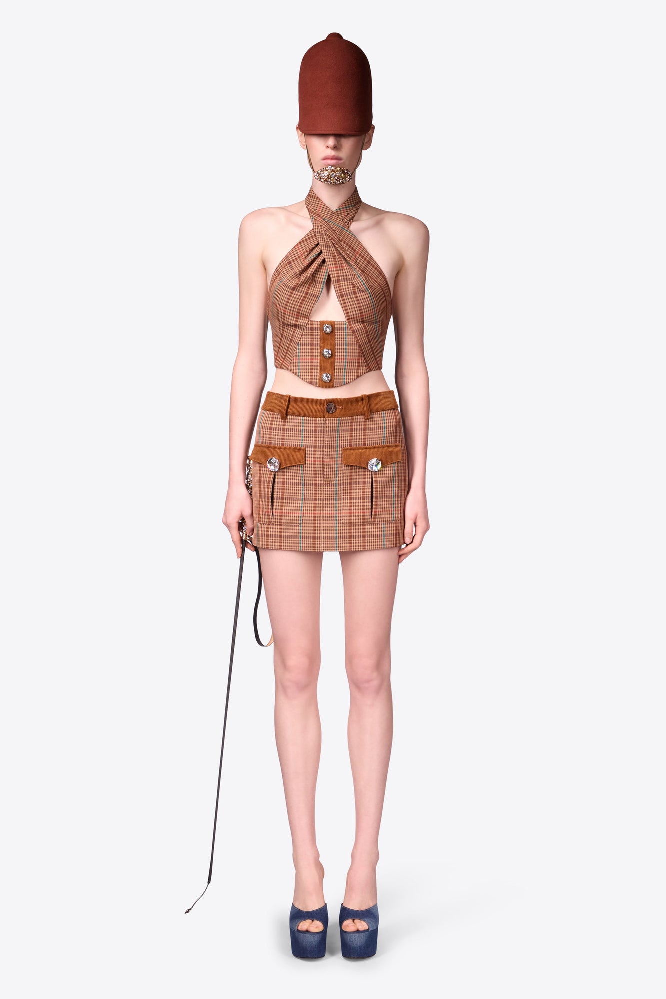 Crystal Button Checked Halter Top | Caramel Multi