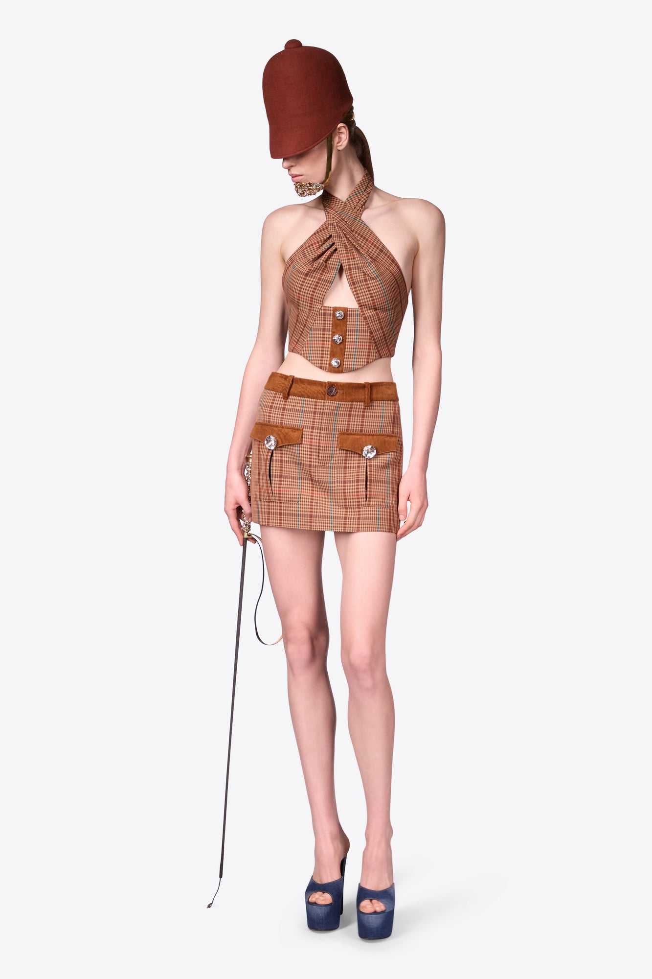 Crystal Button Checked Mini Skirt | Caramel Multi