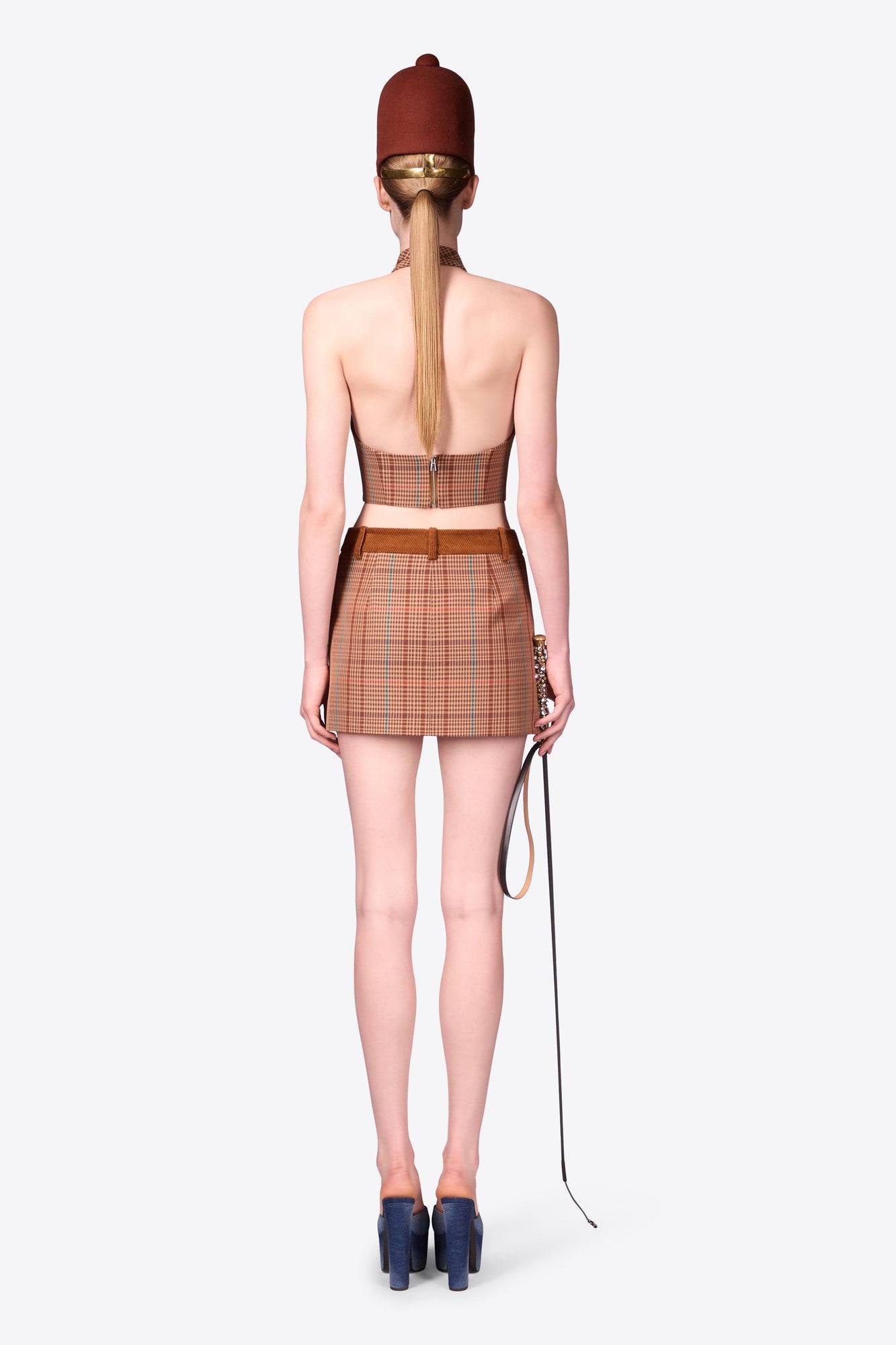 Crystal Button Checked Halter Top | Caramel Multi