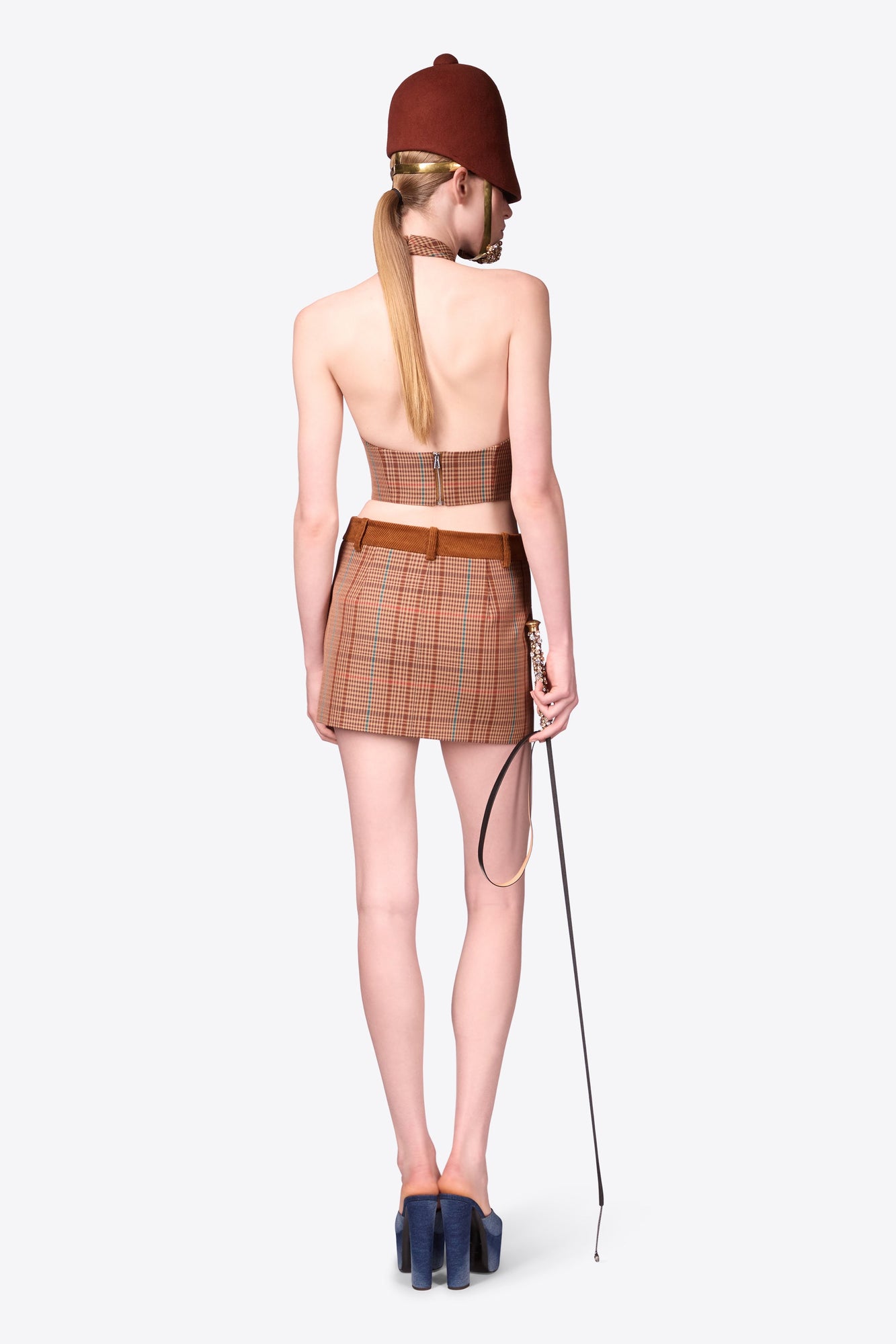 Crystal Button Checked Halter Top | Caramel Multi