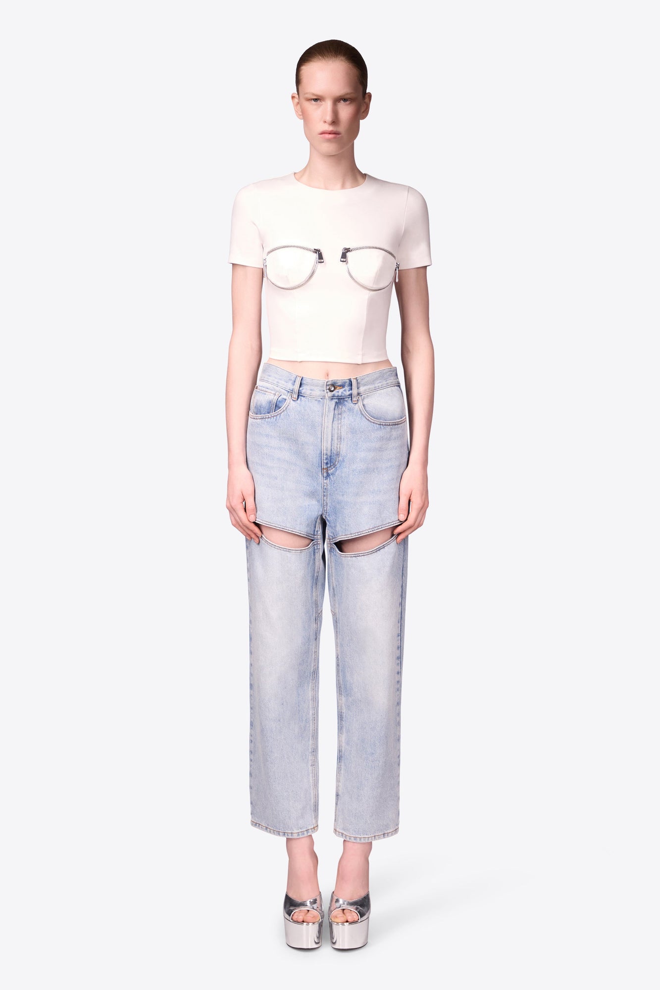 Zipper Bustier Cup T-Shirt | White