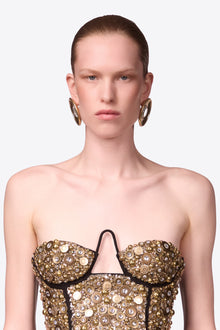 Clear Crystal Glass | Button Stud Earrings | Antique Gold