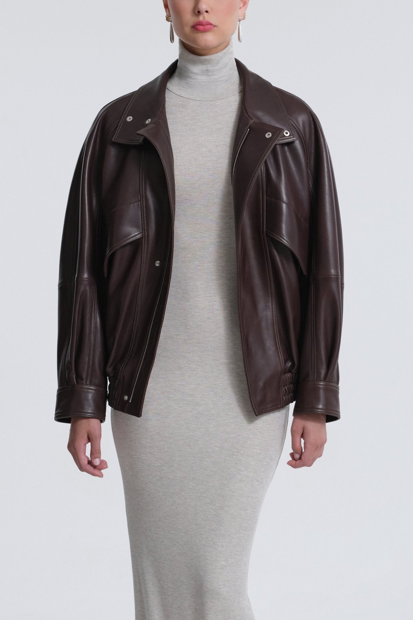 Model is Wearing Nour Hammour Ariste Fluid Leather Jacket Rich Brown - Front Open