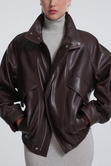 Model is Wearing Nour Hammour Ariste Fluid Leather Jacket Rich Brown - Close-Up
