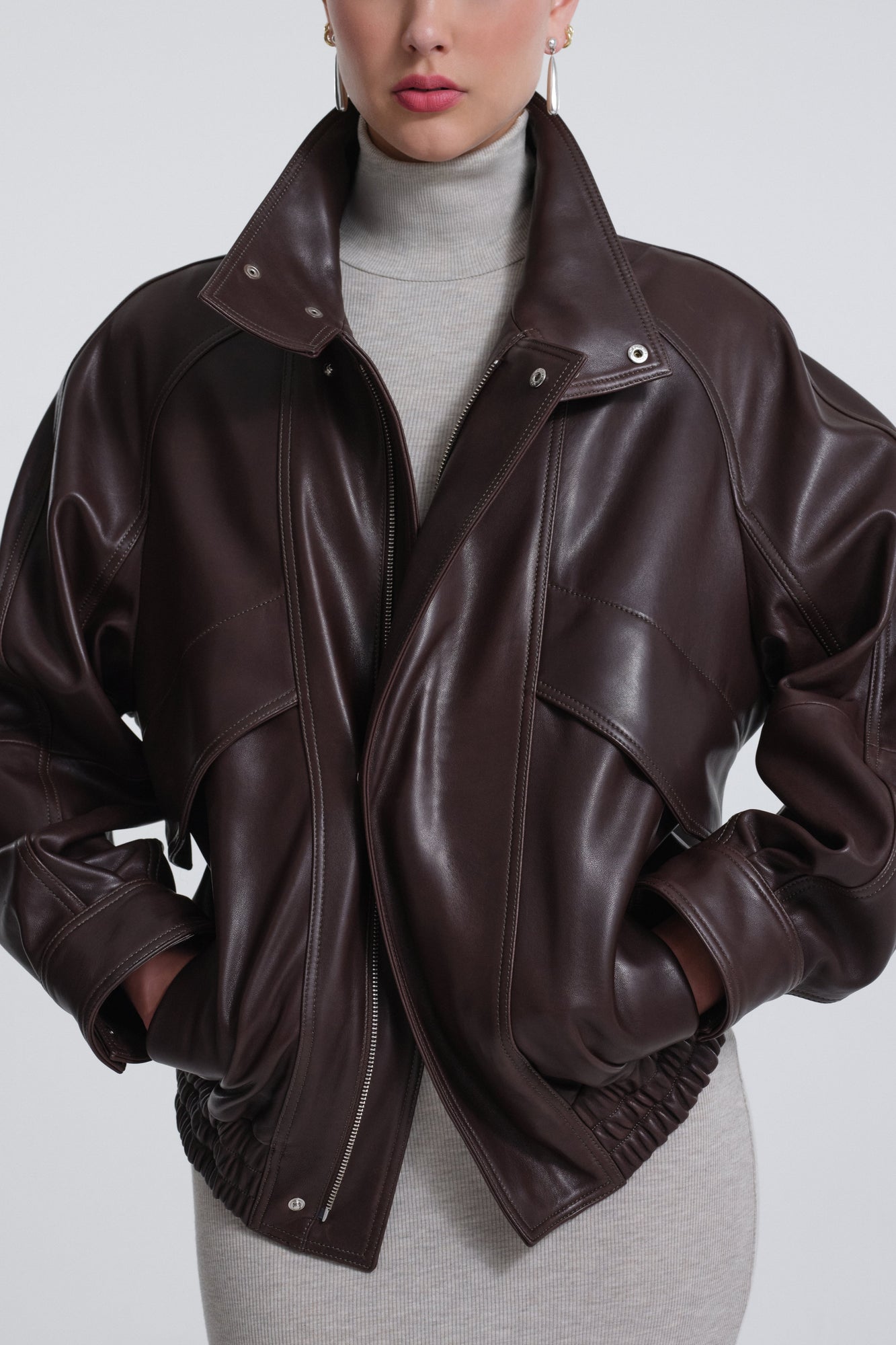 Model is Wearing Nour Hammour Ariste Fluid Leather Jacket Rich Brown - Close-Up