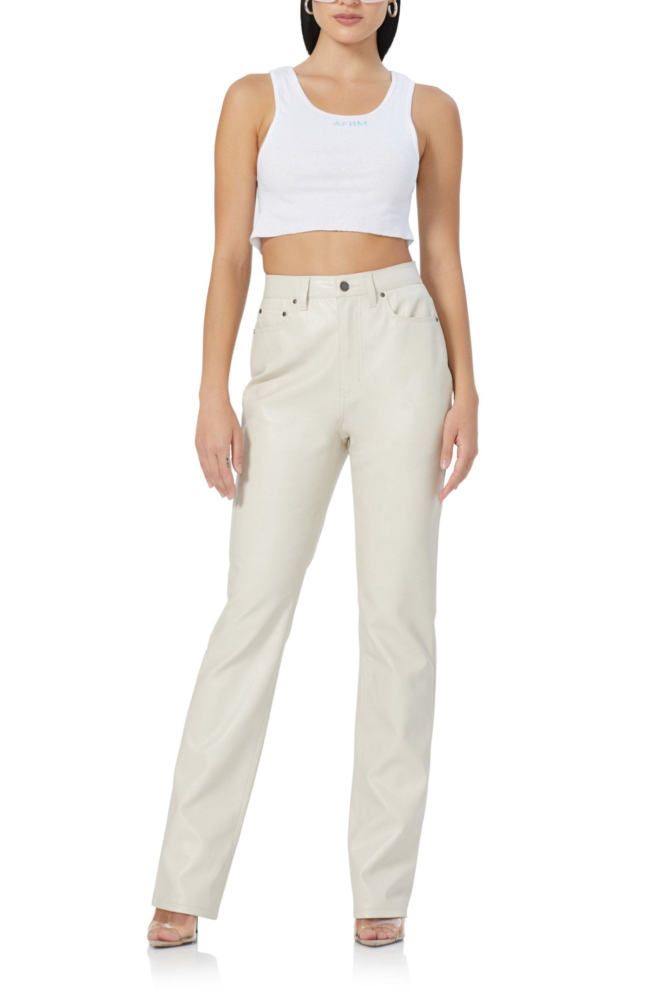 women's high rise straight leg pant in faux leather in off white