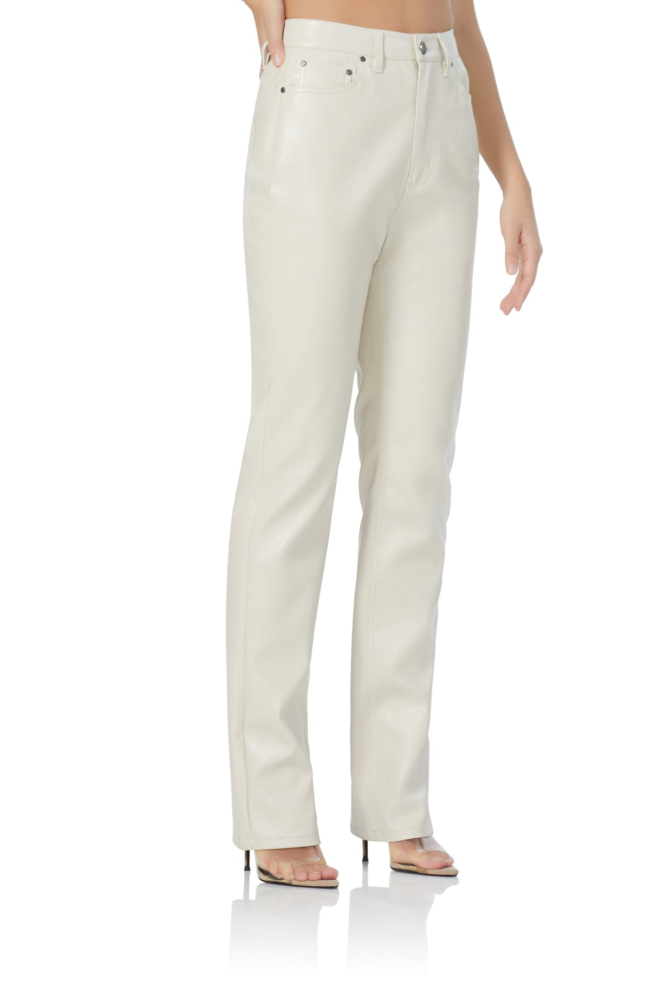 women's high rise straight leg pant in faux leather in off white