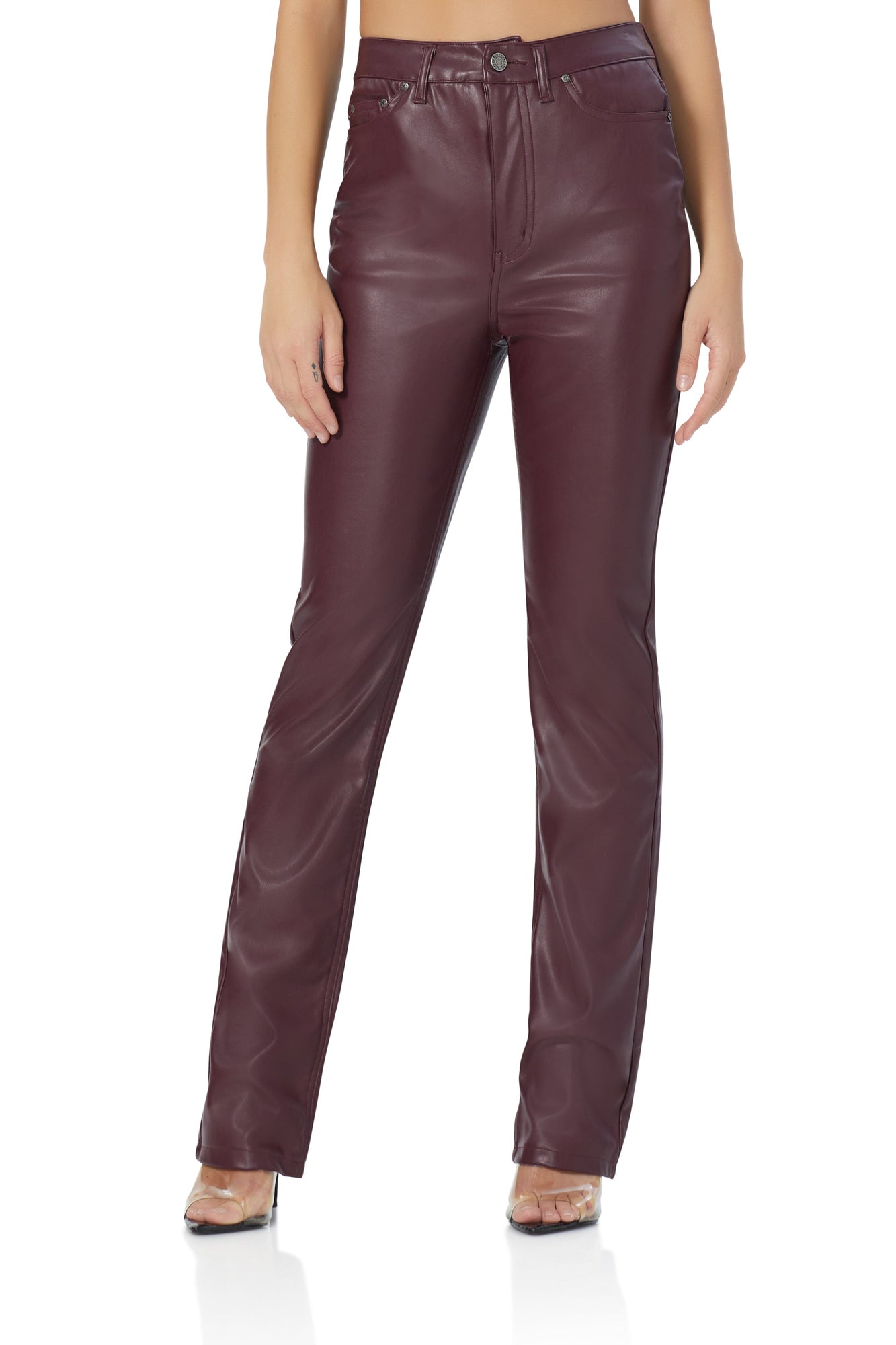 women's high rise straight leg pant in faux leather in port royale