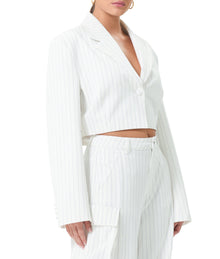 Petra Crop Blazer | White Grey Pinstripe