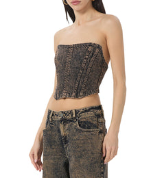 women's crop denim bustier top in praline wash