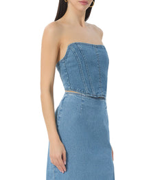 women's crop denim bustier top in blue denim wash