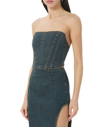 women's crop denim bustier top in dark denim wash