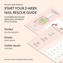 An image promoting a 2-week nail rescue guide, featuring Basic Routine - Sensitive Nails, highlights guided nail care steps and daily actions to moisturize nails for visible results in 14 days.