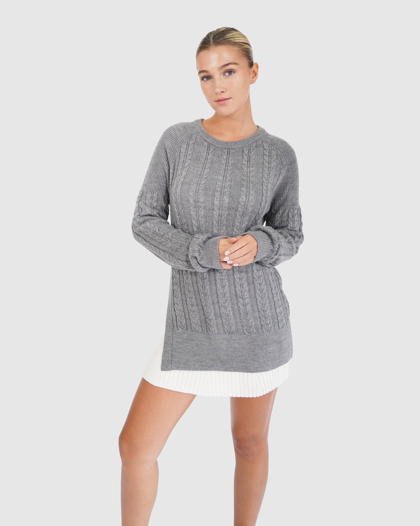 Women | At Last Cable Knit Jumper with Slit | Grey Marle
