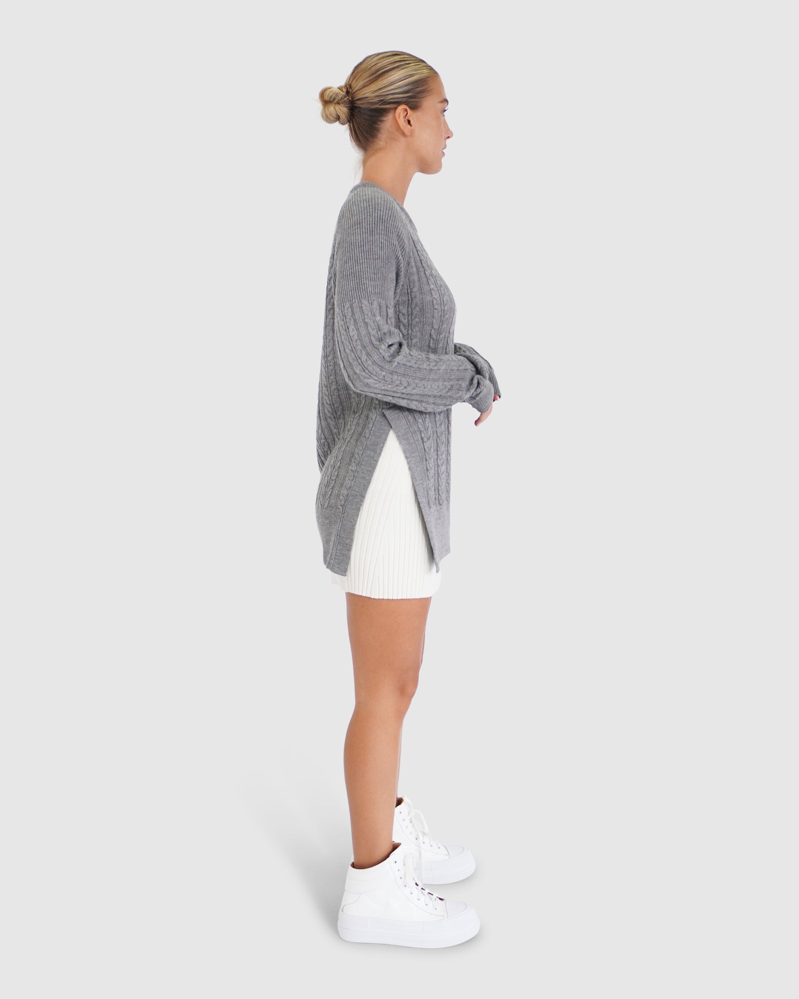 Women | At Last Cable Knit Jumper with Slit | Grey Marle