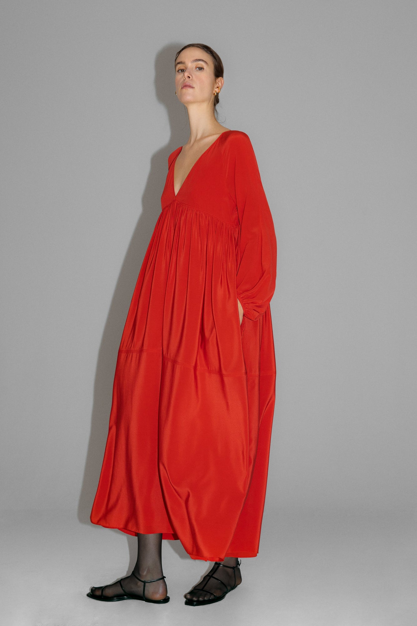 Another Tomorrow Empire Cocoon Dress in Tomato – Silk Women's Dress