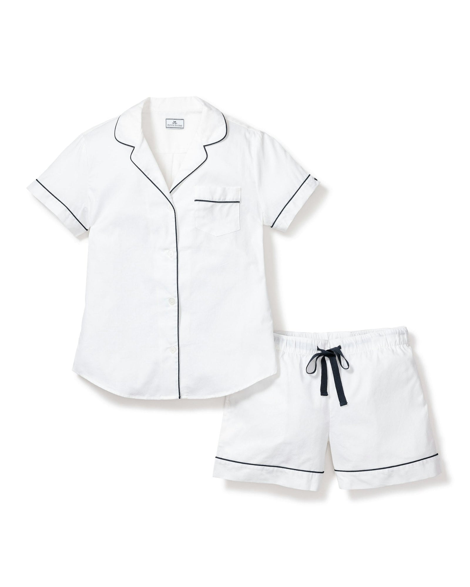 Womens | Twill Pajama Short Set | White with Navy Piping