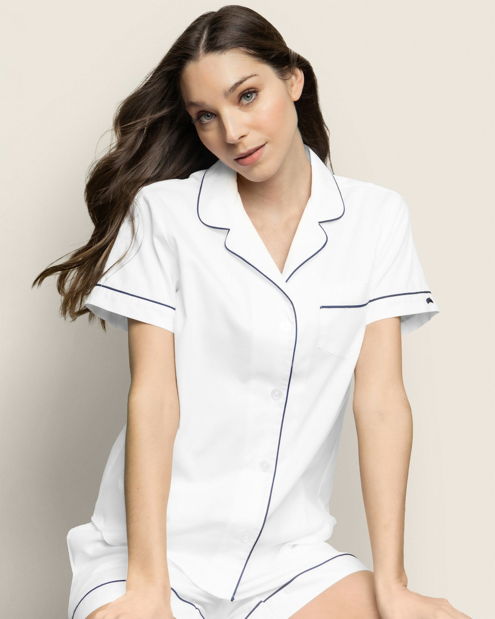 Womens | Twill Pajama Short Set | White with Navy Piping
