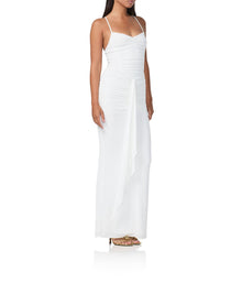 women's ruched maxi dress with a front draped tie in white