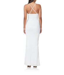 women's ruched maxi dress with a front draped tie in white