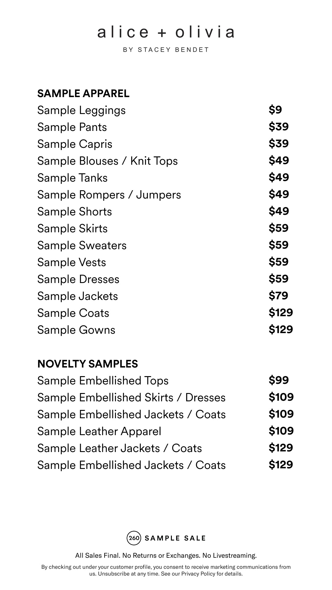 Price table