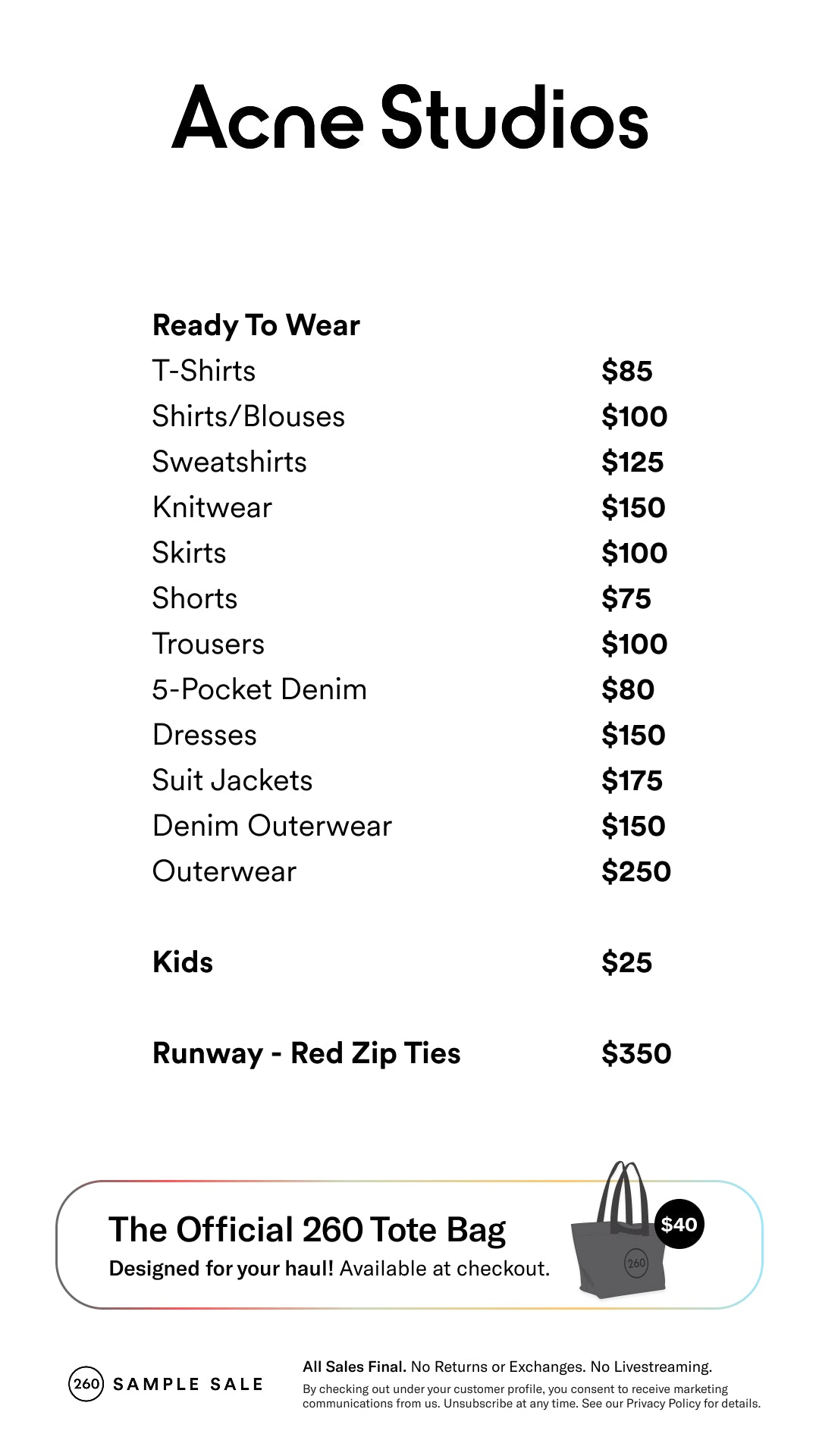 Price table