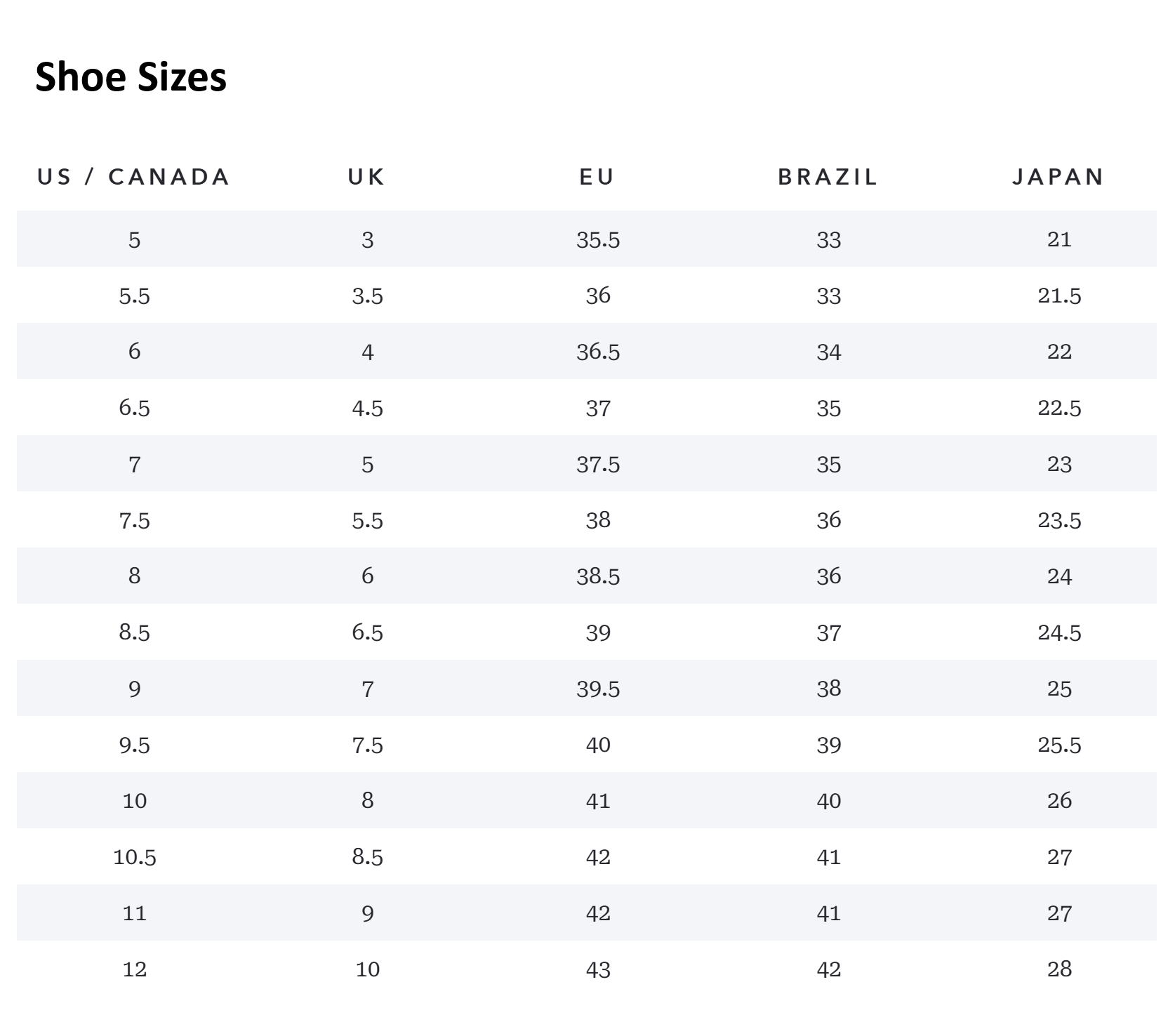 Product size guide