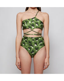 Agua by Agua Bendita | Women | Azucena Asymmetrical Leaf Print Bikini Top | Green