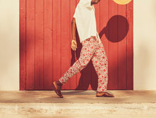 Alex Dragonflower Print Linen Relaxed Fit Trousers | Summer Red/White Sand